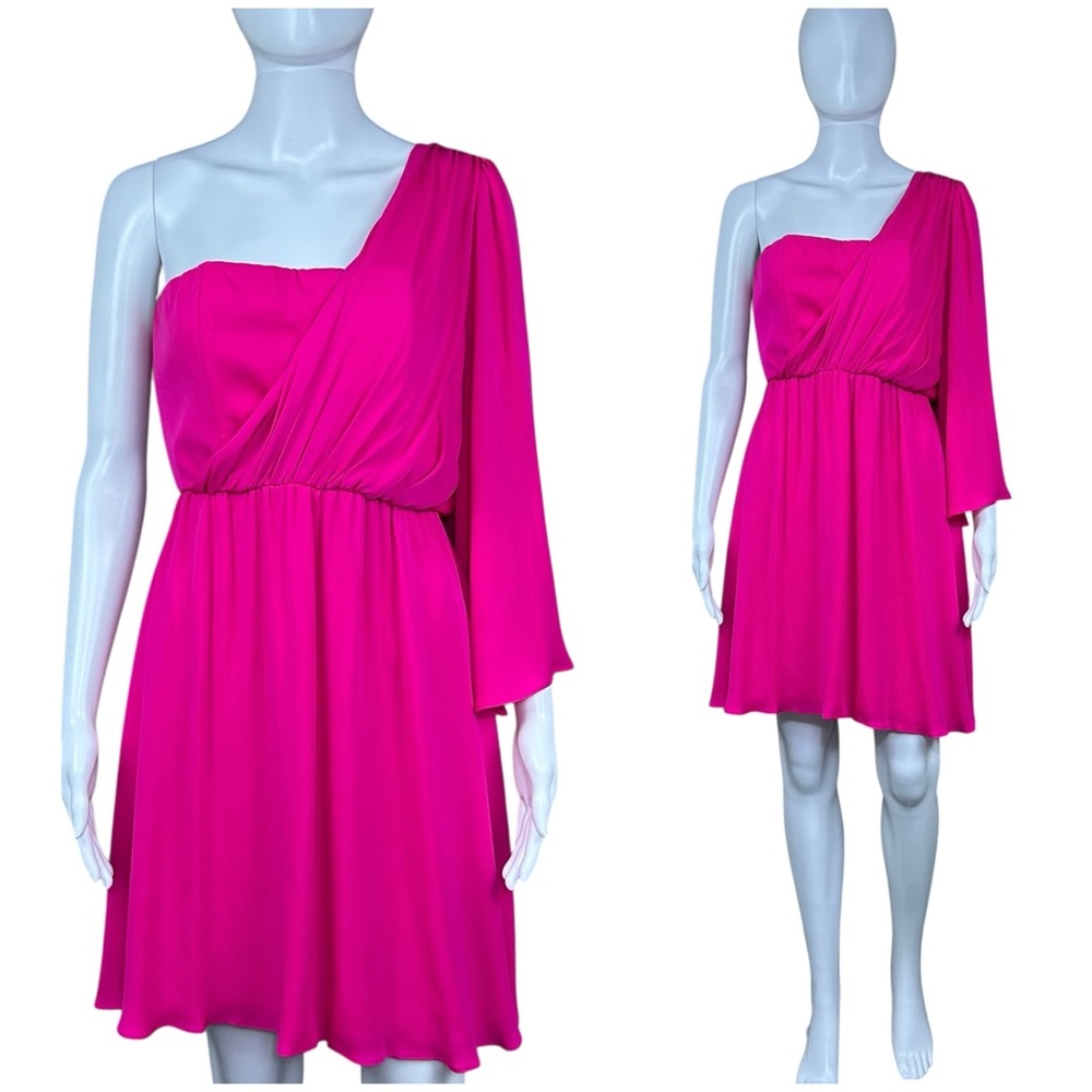 Alice + Olivia One Shoulder Silk Corsage Pleated Dress Sz 6 Draped Flowy Event